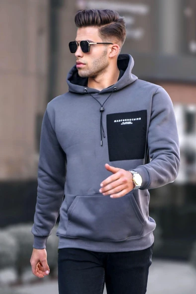 Madmext Füme Baskılı Kapşonlu Sweatshirt 6004,Füme S