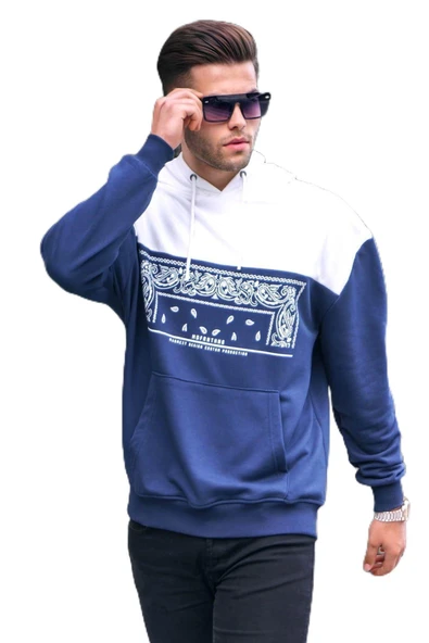 Madmext Lacivert Kapüşonlu Desenli Sweatshirt 6022,Lacivert L