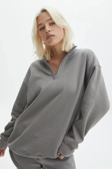 Madmext Kadın Gri Fermuarlı Yaka Oversize Sweatshirt, XL