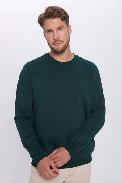 TUDORS Sweatshirt Relax Fit Pamuklu İçi Polarlı Bisiklet Yaka, M, SW220005-000, Yeşil, erkek