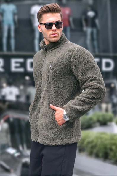 Madmext Erkek Haki Fermuarlı Peluş Sweatshirt, Dik Yaka, S Beden