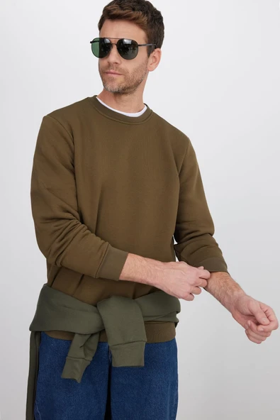 TUDORS Relax Fit Sweatshirt Pamuklu İçi Polarlı Bisiklet Yaka, L, SW220005-000, Yeşil, erkek