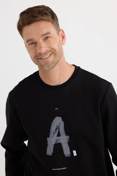 TUDORS Sweatshirt Relax Fit Pamuklu İç Polarlı Baskılı Bisklet Yaka, XXL, SW250005, Siyah, erkek
