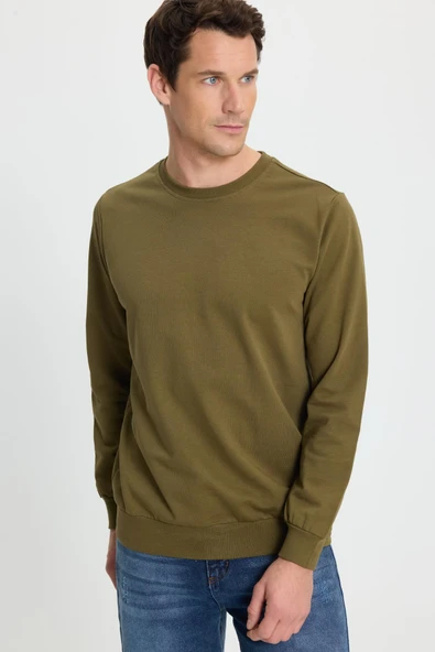 Tudors Erkek Kapüşonsuz Sweatshirt, Relax Fit,%100 Pamuk, 2 İplik, Bisiklet Yaka, Haki, S Beden