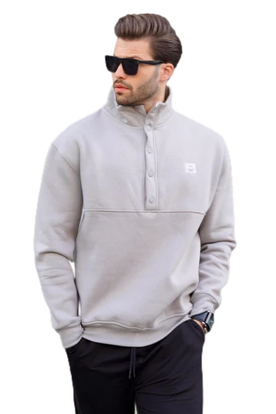 Madmext Boyalı Gri Dik Yakalı Düğme Detaylı Erkek Sweatshirt 7060,Boyalı Gri S