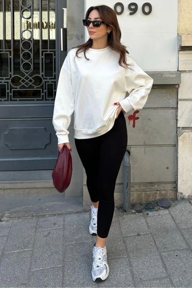 Madmext Ekru Bisiklet Yaka Basic Sweatshirt Mg2185,Ekru S