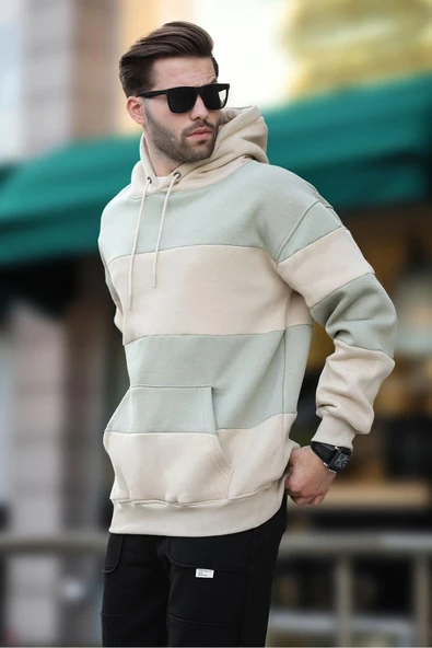 Madmext Bej Kapüşonlu Renk Bloklu Cep Detaylı Erkek Sweatshirt 7044,Bej M