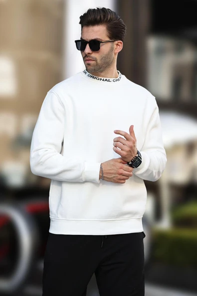 Madmext Erkek Bisiklet Yaka Sweatshirt, Ekru, XL