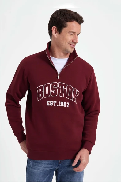 Tudors Erkek Relax Fit Yarım Fermuarlı Baskılı Bordo Sweatshirt