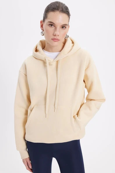 Tudors Kadın Kapüşonlu Sweatshirt, Oversize Geniş Kesim, Pamuklu Yumuşak Dokulu, İçi Polarlı, Bej, S Beden