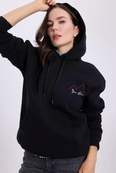 TUDORS Kapüşonlu Sweatshirt Oversize Geniş Kesim İçi Polarlı Baskılı, M, SW250027, Siyah, kadın