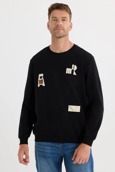 TUDORS Relax Fit Pamuklu Bisiklet Yaka Baskılı Sweatshirt, XXL, SW250007, Siyah, erkek