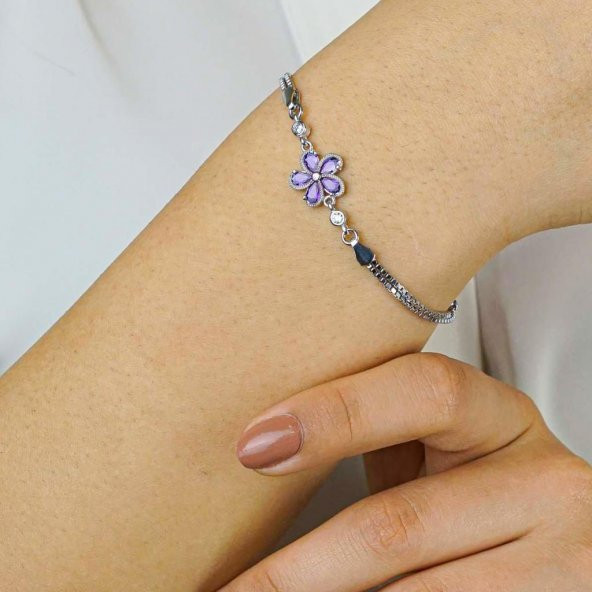 Mor Ametist Renkli Çiçek Tasarımlı 925 ayar Gümüş Bileklik ürün görseli 1