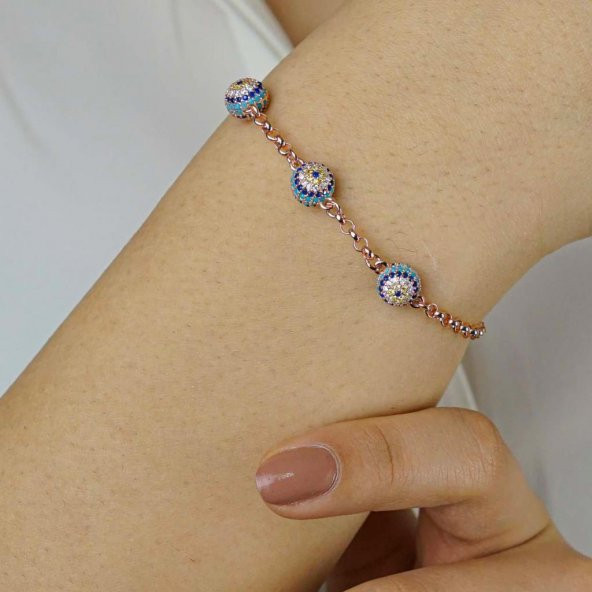 Nazar Boncuğu Tasarımlı Rose Renk 925 Ayar Gümüş Kadın Bileklik ürün görseli 1