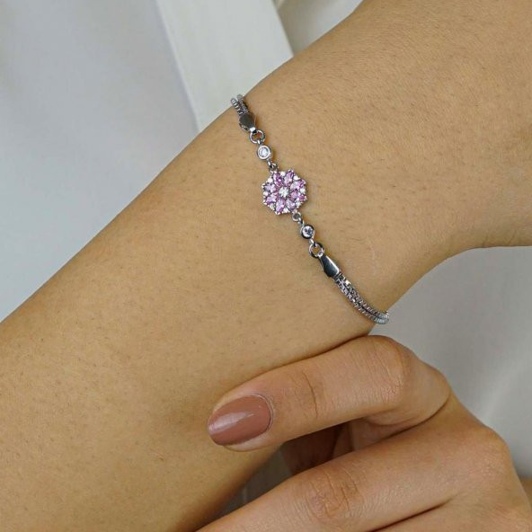 Pembe Çiçek Tasarımlı 925 Ayar Gümüş Kadın Bileklik ürün görseli 1