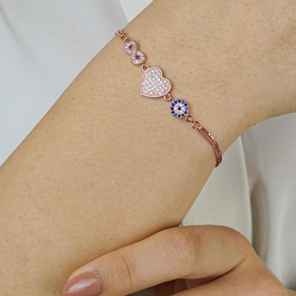 Sonsuzluk Kalp Nazar Tasarımlı Rose Renk 925 Ayar Gümüş Kadın Bileklik ürün görseli 1