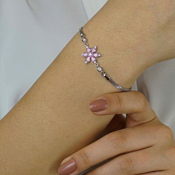 Pembe Lotus Çiçeği Tasarımlı 925 Ayar Gümüş Kadın Bileklik ürün görseli 1