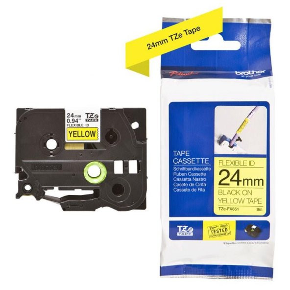 BROTHER P-Touch TZE-FX651 MUADİL SARI ESNEK ETIKETE SIYAH (24mm x 8m) ürün görseli 1
