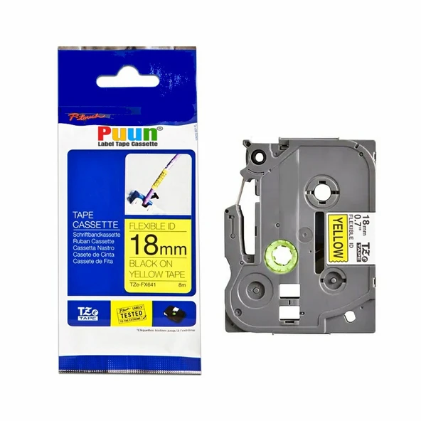 BROTHER P-Touch TZE-FX641 MUADİL SARI ESNEK ETIKETE SIYAH (18mm x 8m) ürün görseli 1