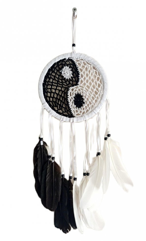 Siyah Beyaz Dream Catcher Kuş Tüylü Boncuklu Düş Kapanı Duvar Süsü ürün görseli 1