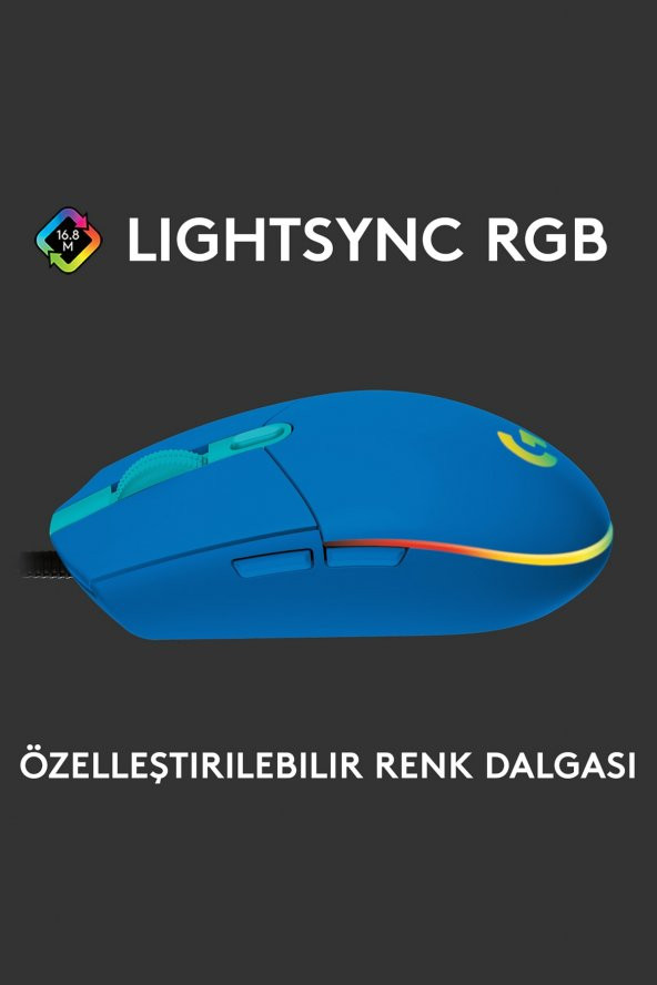 Logitech G102 Lightsync Optik Kablolu Oyuncu Mouse - Mavi - Resim 2
