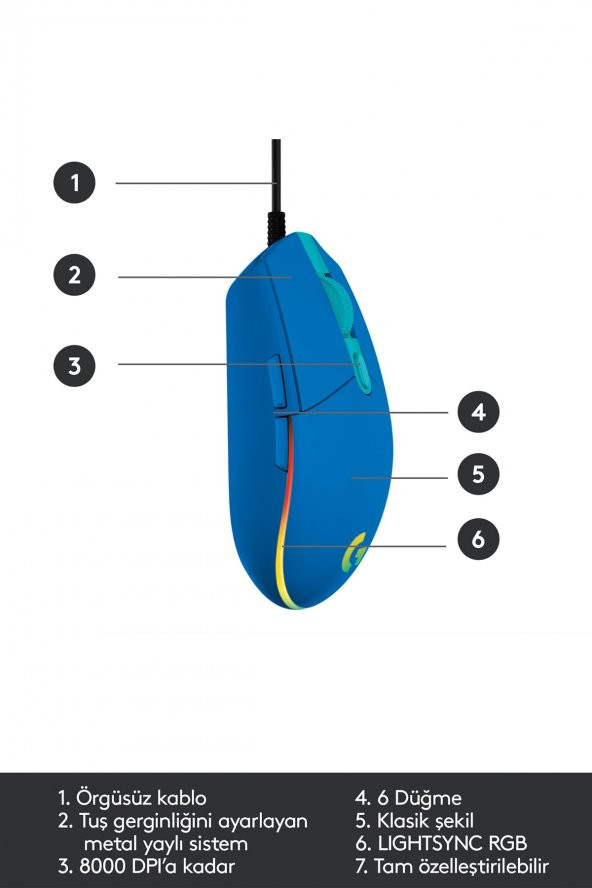 Logitech G102 Lightsync Optik Kablolu Oyuncu Mouse - Mavi - Resim 6