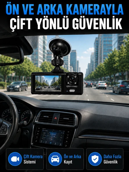 WiFi Çift Kameralı Araç İçi Kayıt Kamerası 1080P Full HD 170° Geniş Açılı Araç Kamerası