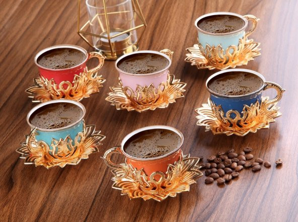 Ahsen Tiryaki Renkli 6 Kişilik Türk Kahve Seti 18 Parça Altın Renkli ürün görseli 1