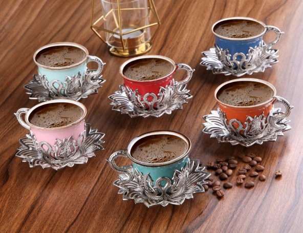 Ahsen Tiryaki Renkli 6 Kişilik Kahve Türk Seti 18 Parça Gümüş Renkli ürün görseli 1