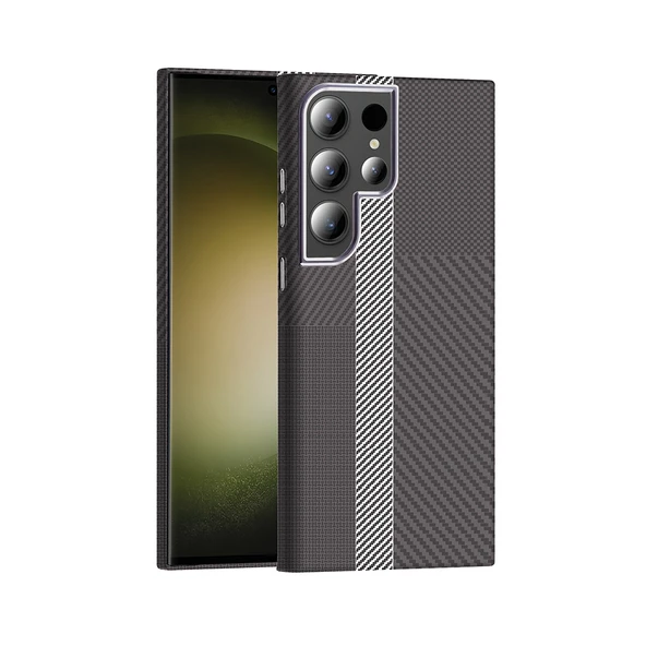 Lexroo Galaxy S24 Ultra Kılıf M-safe Şarj Özellikli Karbon Fiber Görünümlü Gros Kılıf - Gri-Siyah