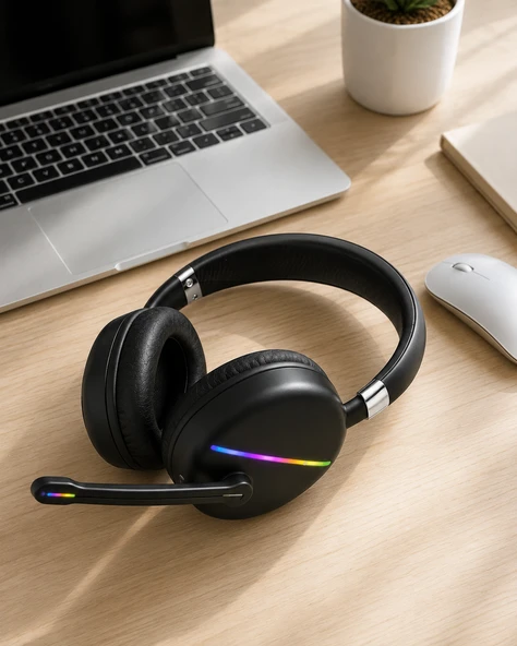Bluetooth 5.0 Kablosuz Kulak Üstü Kulaklık Mikrofonlu RGB Aydınlatmalı