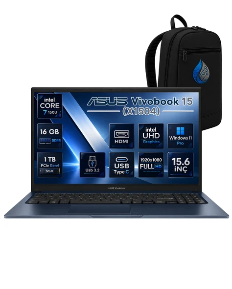 ASUS Vivobook 15 Intel Core 7 150U 16 GB DDR4 1 TB SSD 15.6'' FHD Windows 11 Pro Laptop X1504VA-BQ5456RNP06