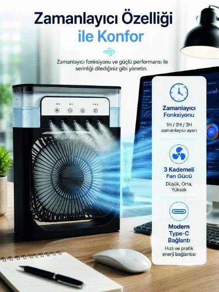 Su Hazneli Püskürtmeli Fan 1-3-5 Püskürtme Seçeneği, Type-C Güç Girişi