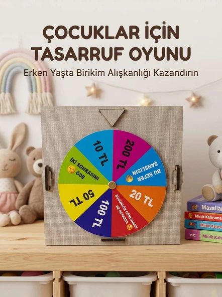 Şans Çarklı Motivasyon Kutusu Günlük Tasarruf Challenge Oyun Ahşap Birikim Kumbarası