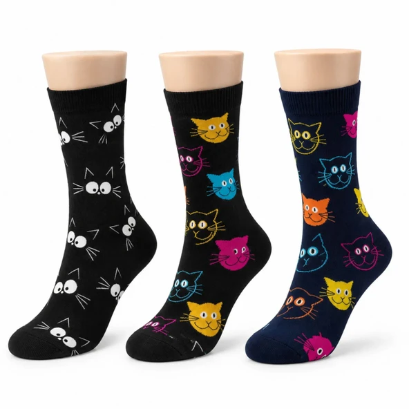 Unisex Kedi Desenli Çorap 3'lü Set Pamuklu Renkli Uzun Soket Dikişsiz Nefes Alan Rahat Günlük Çorap — Çok Renkli, 36-40
