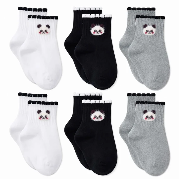 Kadın Panda Desenli Kısa Konç Çorap 6'lı | %80 Pamuklu Dikişsiz, Siyah Beyaz Gri — Çok renkli 6'lı, 36-40