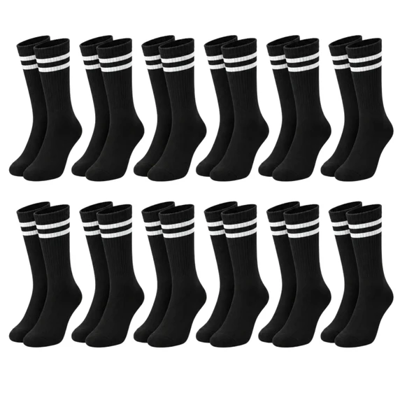 Unisex Siyah Çorap Beyaz Çizgili 12'li Set Uzun Soket Günlük Spor Kolej Stil Kadın Erkek Çorabı — Siyah, 36-40