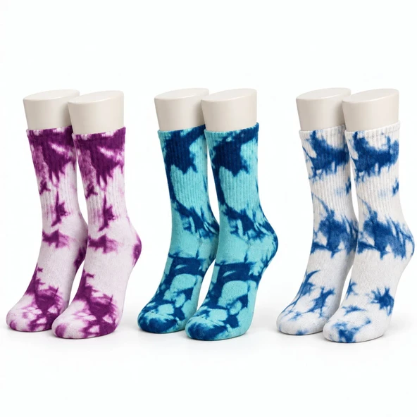 Unisex Batik Desenli Çorap 3'lü Set Pamuklu Renkli Uzun Soket Dikişsiz Nefes Alan Spor Çorabı Günlük — Çok Renkli, 39-44