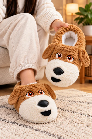 Moda Focus Sevimli Köpek Figürlü Sessiz Kaydırmaz Taban Peluş Unisex Ev Pandufu Sevgili Kombin Terliği ürün görseli 1