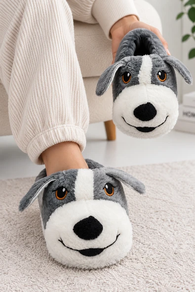 Moda Focus Sevimli Köpek Figürlü Sessiz Kaydırmaz Taban Peluş Unisex Ev Pandufu Sevgili Kombin Terliği - Resim 3