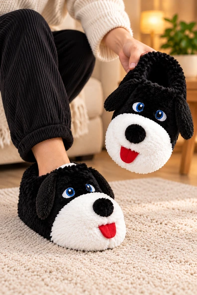Moda Focus Sevimli Köpek Figürlü Sessiz Kaydırmaz Taban Peluş Unisex Ev Pandufu Sevgili Kombin Terliği - Resim 2