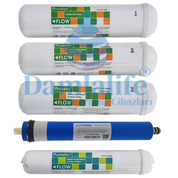 Damlalife 12" NSF Purefer Filtre 5 li İnline Filtre Seti ürün görseli 1