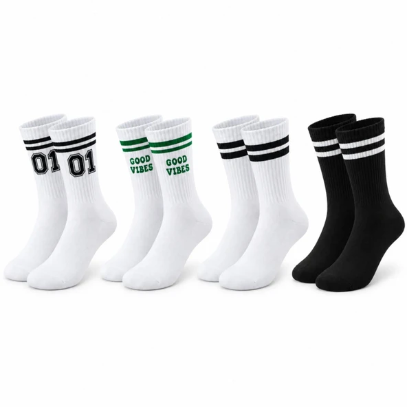 Unisex Çorap Çizgili 4'lü Set 07 Good Vibes Baskılı Siyah Beyaz Uzun Soket Spor Kolej Stil Rahat Şık — Çok Renkli, 36-40
