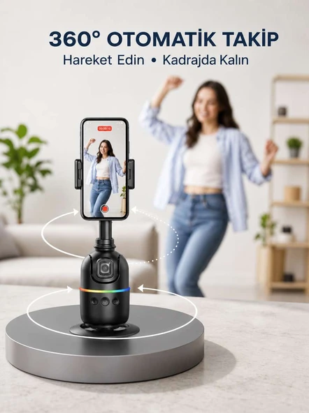 Yapay Zeka Destekli Yüz Takip Özellikli 360 Derece Dönen Masaüstü Telefon Sabitleyici Yeni Nesil