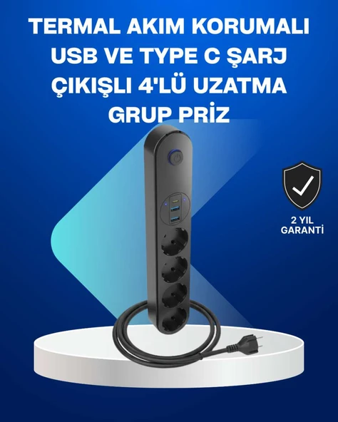 Akıllı Akım Dengelemeli 4’lü Çoklu Priz Type-C ve USB Çıkışlı