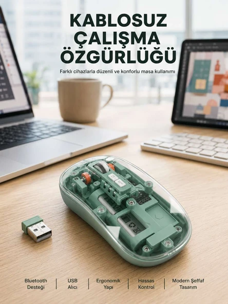 Çift Mod Bağlantılı Kablosuz Mouse Bluetooth ve USB Alıcılı Yeni Nesil