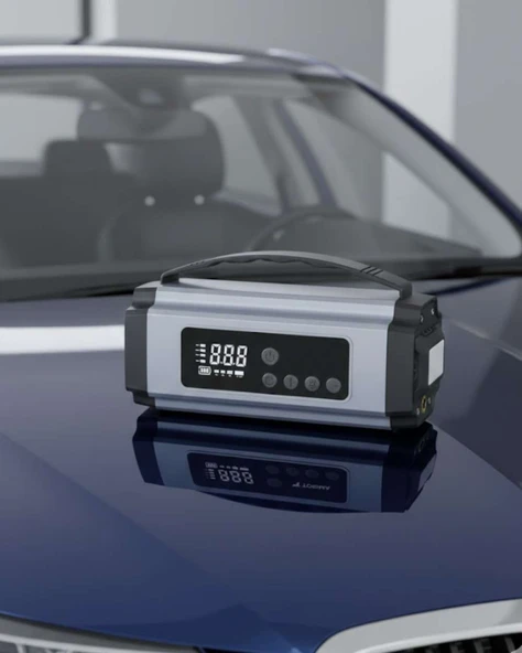 Taşınabilir Akü Takviye Cihazı Dijital Hava Kompresörü Powerbank ve LED Fener Bir Arada