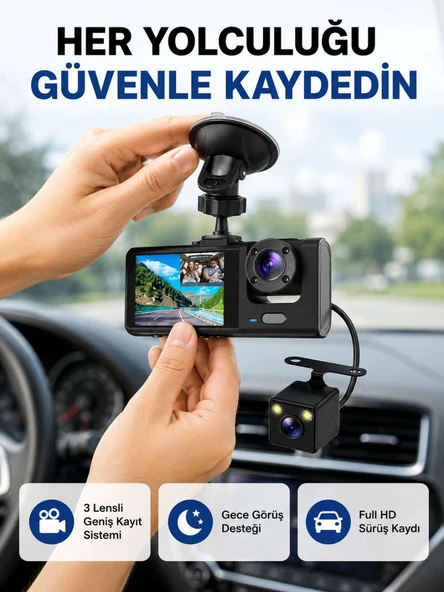 Üç Kameralı Araç İçi Kayıt Sistemi Full HD Gece Görüşlü ve G-Sensör Destekli