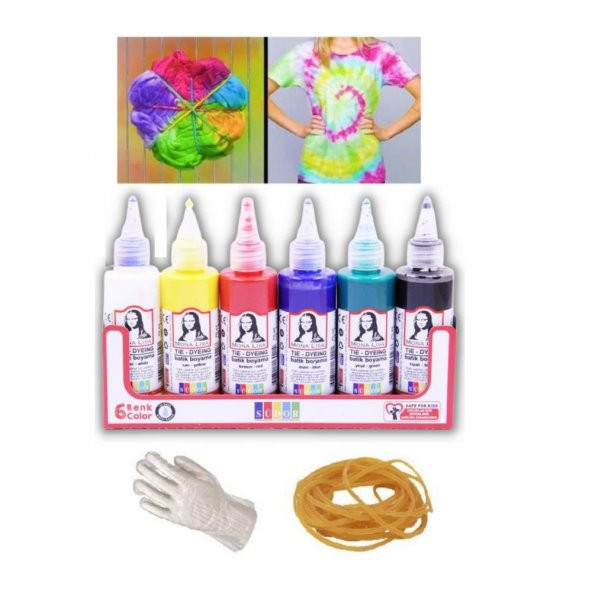 Batik Boyama Seti 6x70 ml Poşet Eldiven 10 Adet ve Para Lastik 20 Adet Set Monalisa Boyama Seti ürün görseli 1