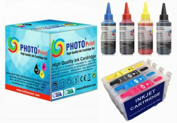Photo Print Epson Stylus DX7400 T0711-T0714 muadil Kolay Dolan Kartuş + 4 x100 ml Renk Mürekkep Seti ürün görseli 1